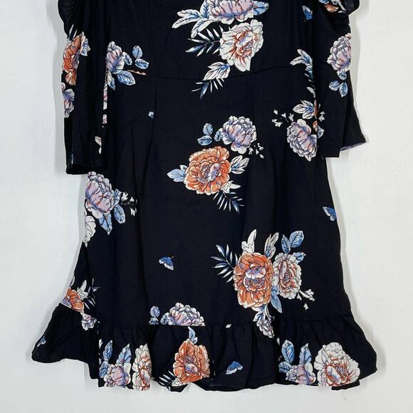 NEW Romeo & Juliet Couture Black Floral Faux Wrap Mini Dress S Cold Shoulder - Picture 7 of 10